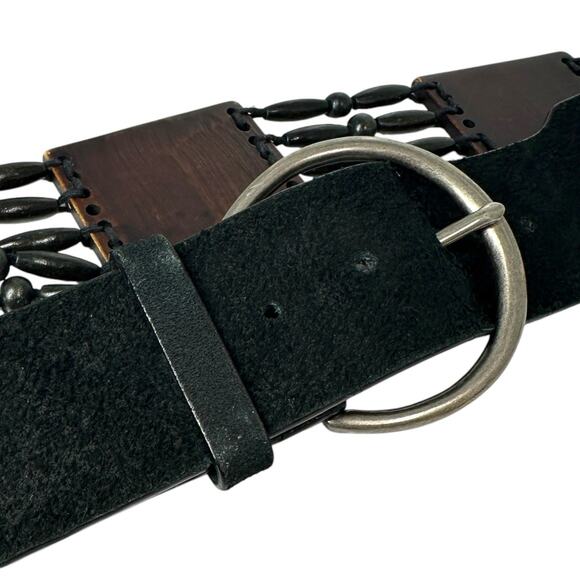 Steve Madden Statement Belt Womens Size S Leather Wood Beads Mother of Pearl - Picture 3 of 10